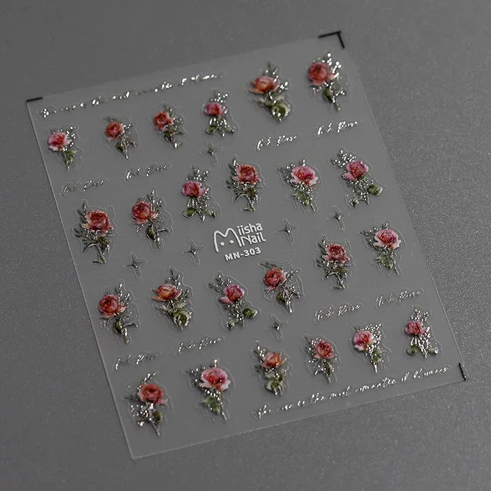 Gold Silver Pink Red Rose Flowers 3D Self Adhesive Nail Art Decorations Stickers High Quality Fashion Manicure Decals Wholesale