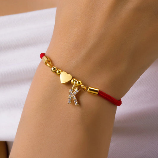 Stainless Steel Gold Color A-Z Heart Initial Letter Bracelet for Women Lucky Red Adjustable Rope Bracelet Charm Jewelry Gift