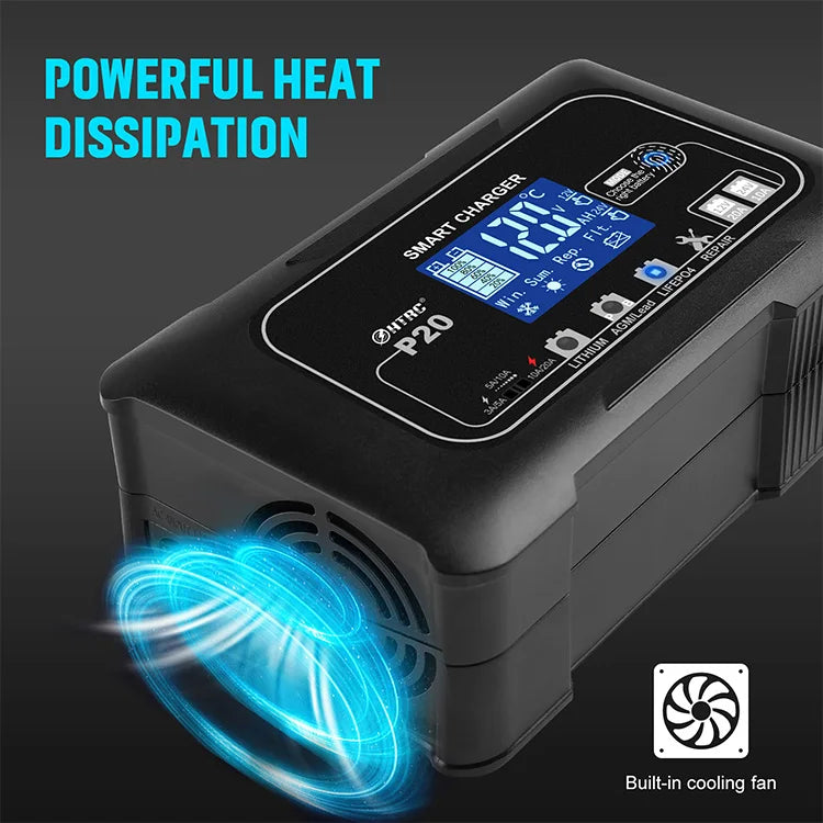 20A 12V/24V 10A Smart Battery Charger For Motorcycle Car Battery Repair Auto Moto Lead Acid AGM GEL Lithium LiFePo4