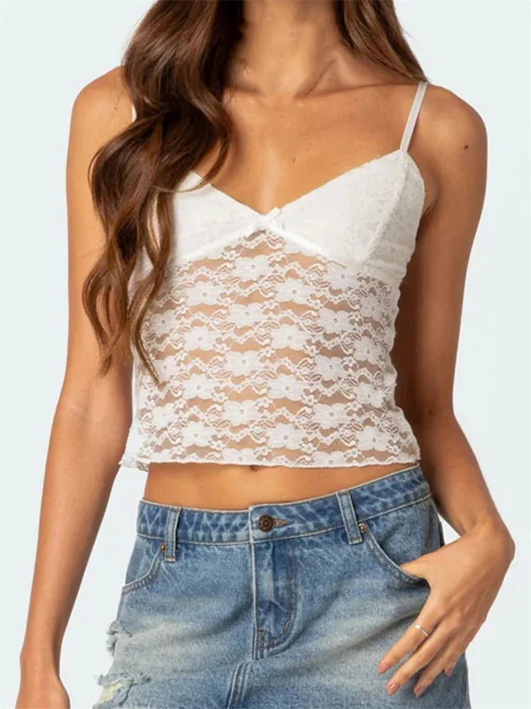 CHRONSTYLE Women Floral Lace Crop Camis Tops Summer Backless Spaghetti Strap Tank  Sleeveless Mini Vest for Streetwear Clubwear