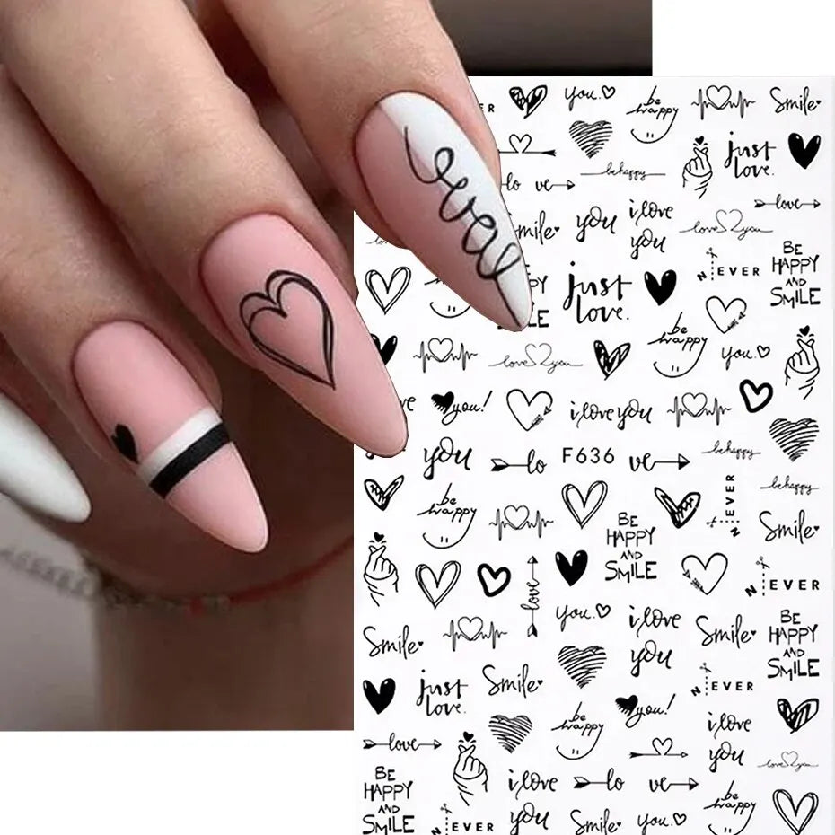 6PCS 3D Valentines Day Nail Art Sticker Lover Letter Cute Girl Cartoon Slider Full Wrap Stickers On Phone Nail Art Accessories