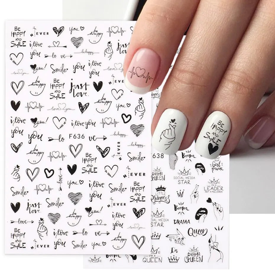 2pcs Heart Love Design 3D Nail Art Stickers English Letter Cool Girl Face Sliders Valentine Day Manicure