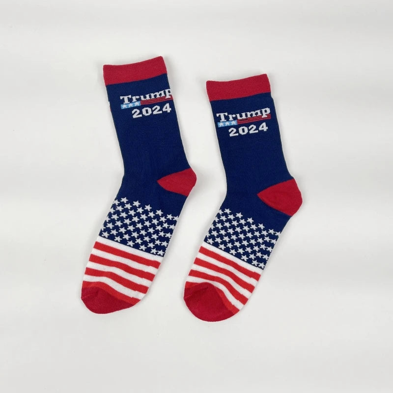 A Pair Of 2024 Trump Trend Star and Stripes Patterned Mens Mid-Tube Socks ,Comfortable,  Soft Cotton Blend Fabric,  Alphabetic P