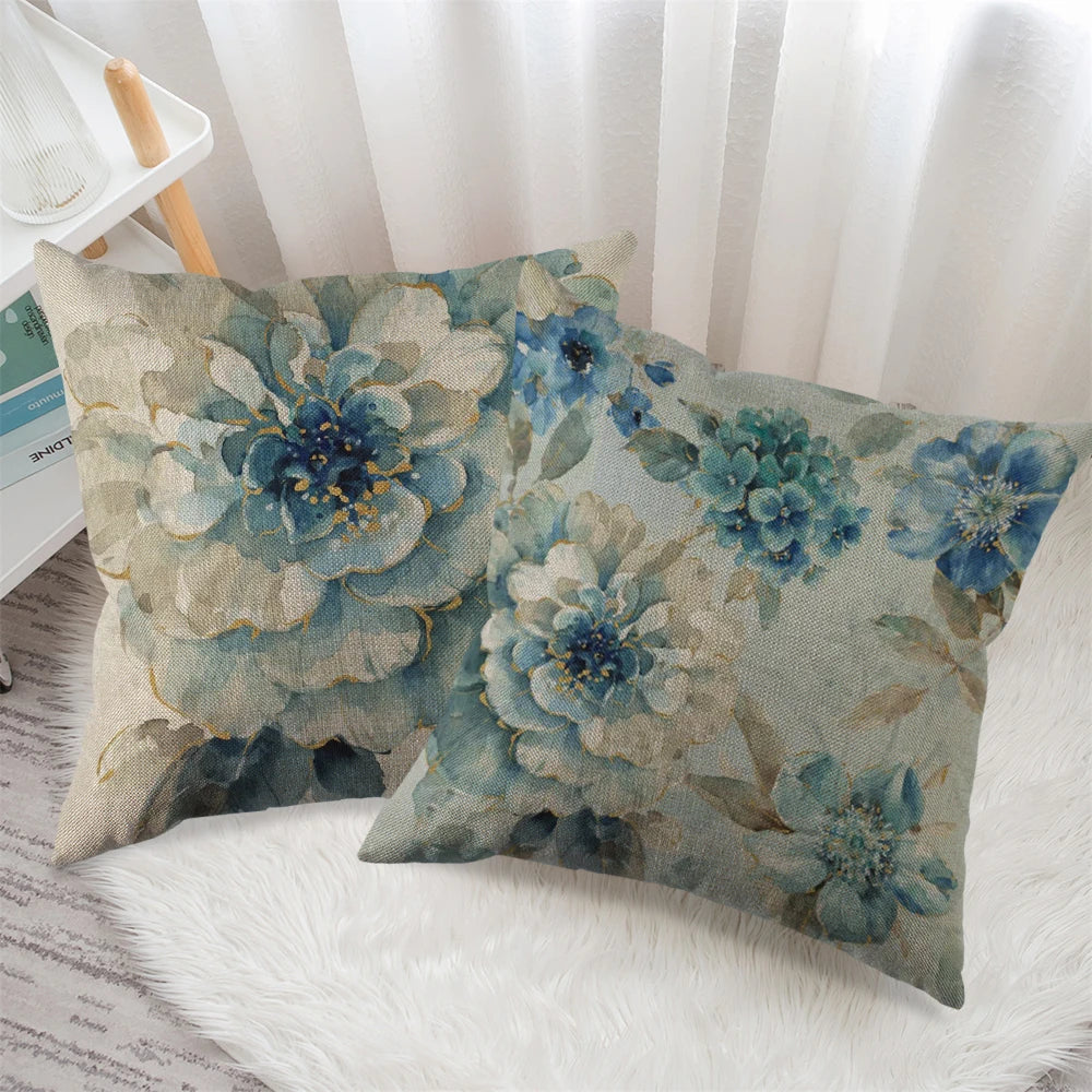 Car Sofa Cushion Pillow Pillowcase Square Pillow Pillowcase Blue Flower Printing Decoration Home Seat Pillowcase 45cm*45cm