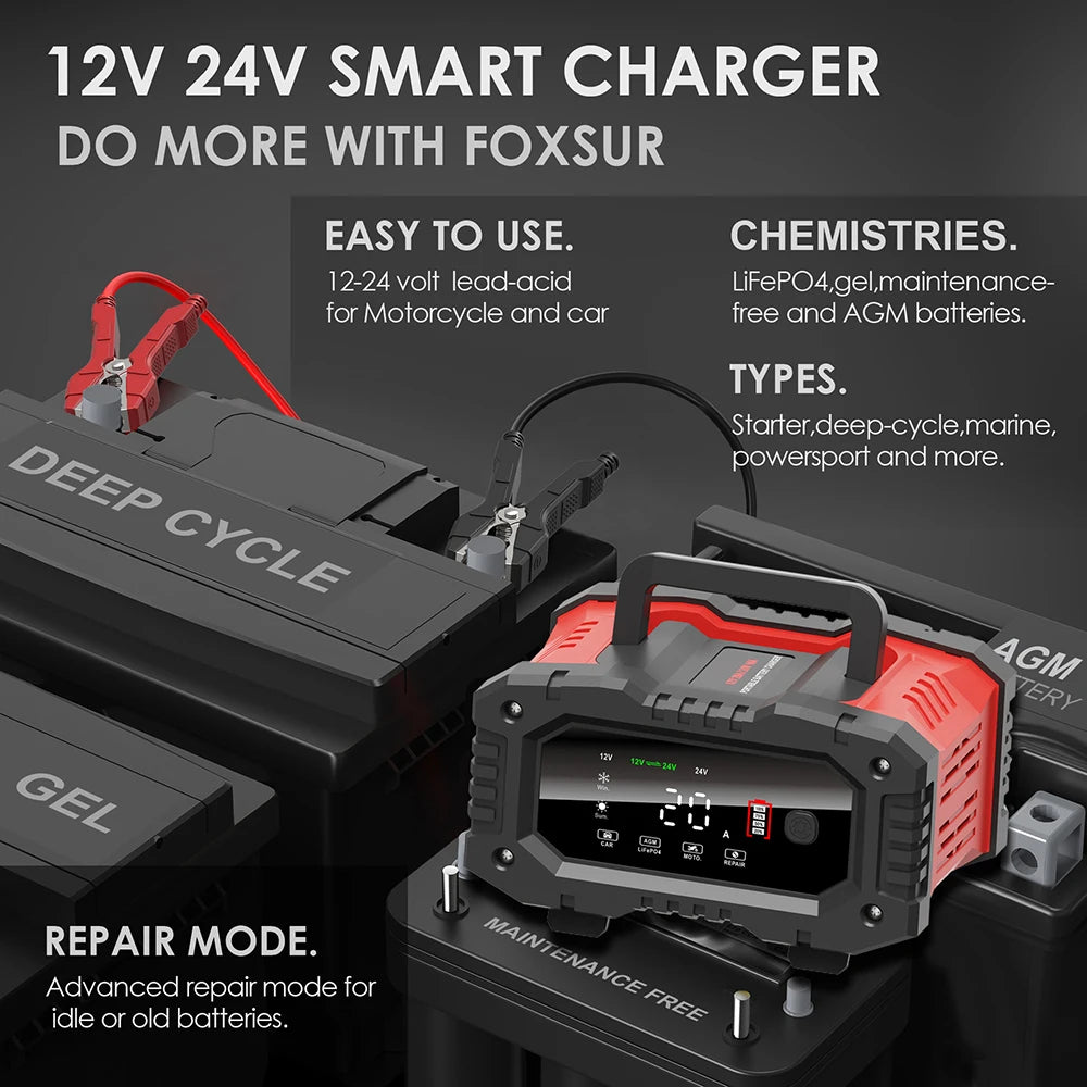 10A 20A Car Motorcycle Charger 12V/24V Auto Smart Charger Lithium AGM GEL Lead-Acid LiFePO4 Battery Charger for Car High Power