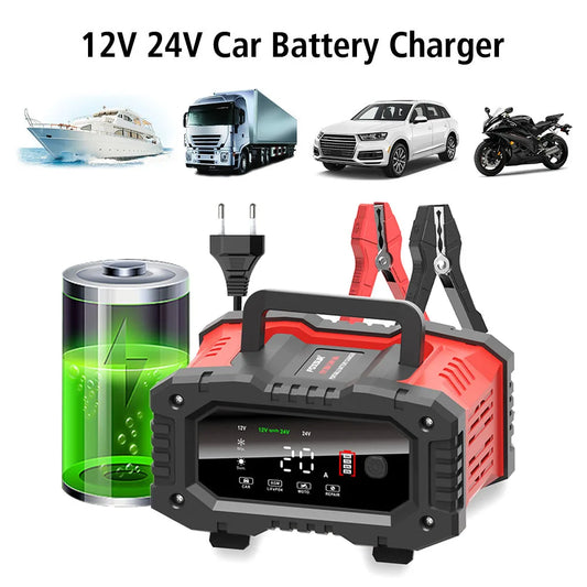 20A/10A Car Motorcycle Battery Charger Fully Automatic Smart Charger Lithium AGM GEL Lead-Acid LiFePO4 Battery Chargers 12V/24V