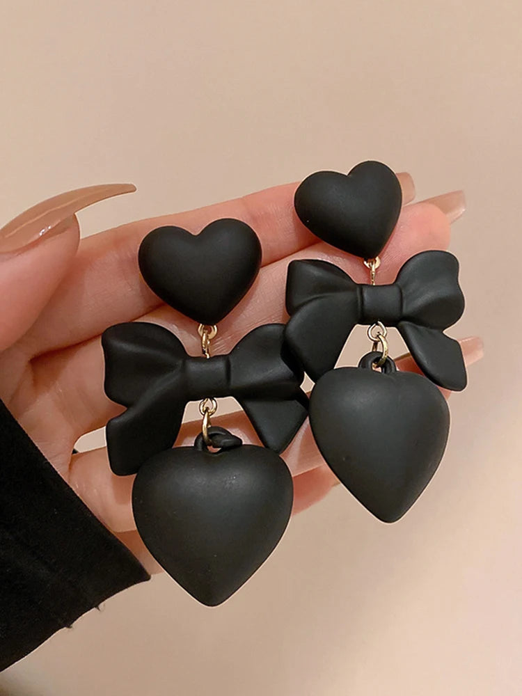 Retro Black Heart Earrings For Women Bowknot Love Drop Earrings Vintage Female Party Ear Jewelry Valentine Day Gifts Wholesale