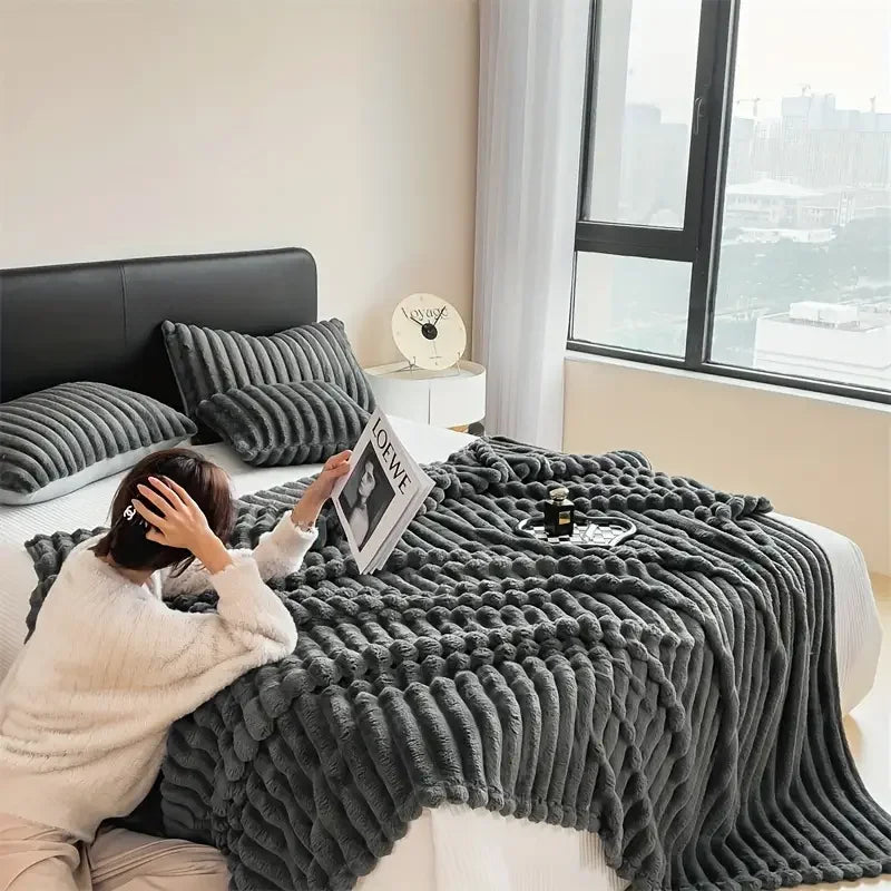 Simplicity Solid Color Thick Wide Strip Multifunctional Blanket Autumn Winter Flannel Bedroom Warm blanket Leisure Time Blanket