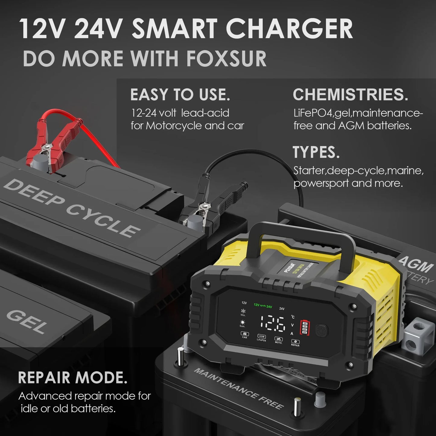 FOXSUR Car Motorcycle Battery Charger 20A 10A 12V/24V Smart Charger Lithium AGM GEL Lead-Acid LiFePO4 Battery Chargers