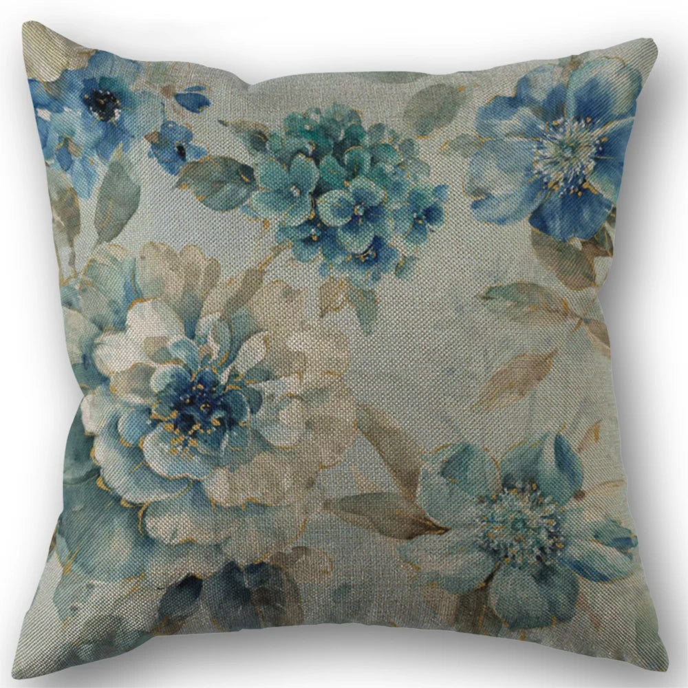 Car Sofa Cushion Pillow Pillowcase Square Pillow Pillowcase Blue Flower Printing Decoration Home Seat Pillowcase 45cm*45cm