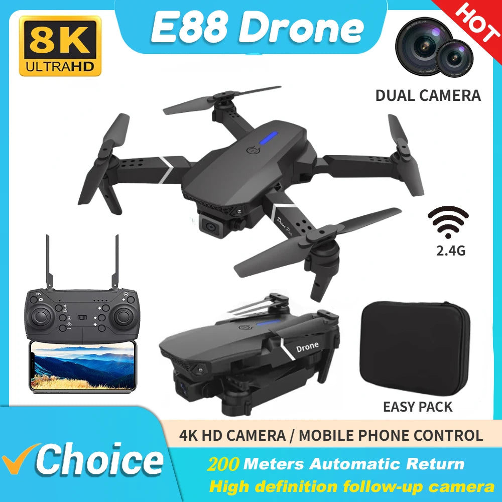 2024 E88Pro RC Drone 4K Professinal With 3 Battery 1080P Wide Angle HD Camera Foldable Helicopter WIFI FPV Height Hold Gift Toy