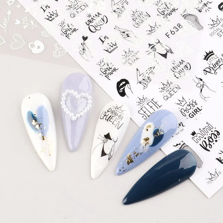 2pcs Heart Love Design 3D Nail Art Stickers English Letter Cool Girl Face Sliders Valentine Day Manicure