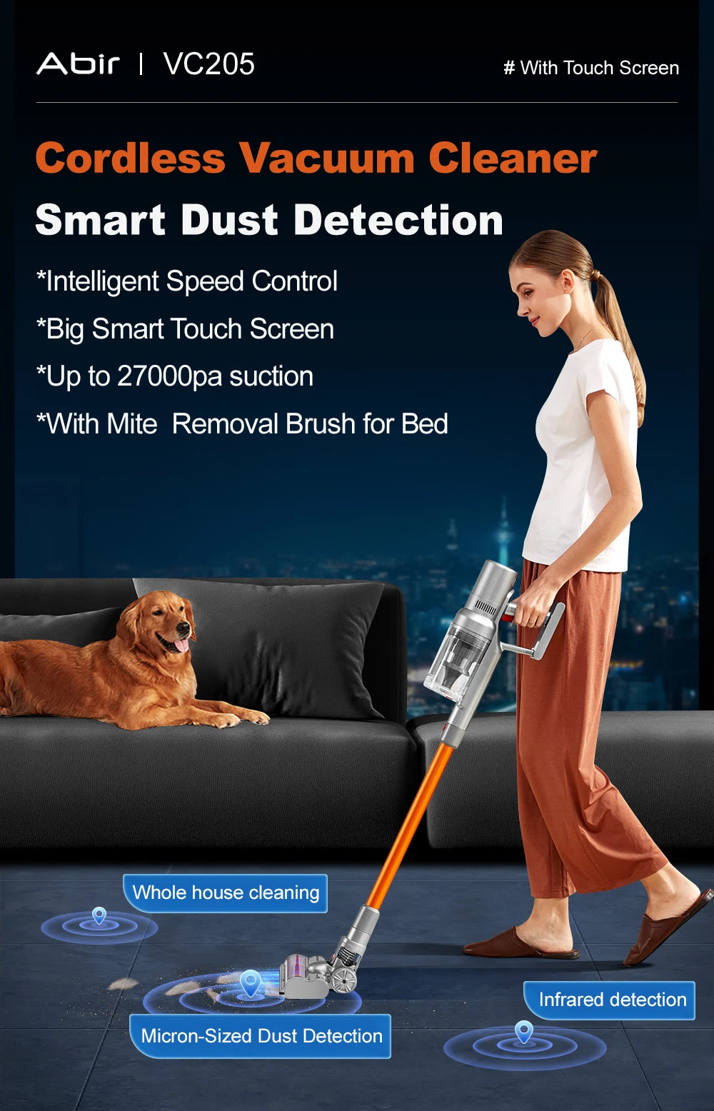 Wireless Handheld Vacuum Cleaner VC205,27000PA Suction,Smart Dust Sensor,Touch Screen,Portable Stick Cordless Vacuum for Home