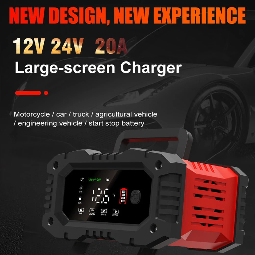 10A 20A Car Motorcycle Charger 12V/24V Auto Smart Charger Lithium AGM GEL Lead-Acid LiFePO4 Battery Charger for Car High Power