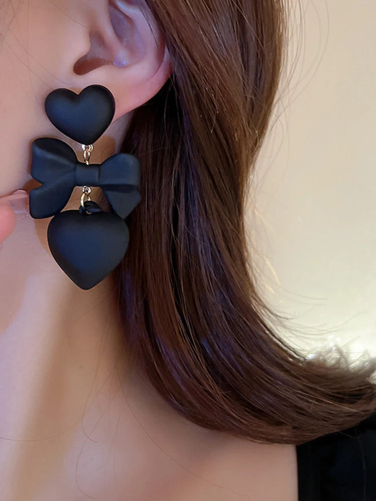 Retro Black Heart Earrings For Women Bowknot Love Drop Earrings Vintage Female Party Ear Jewelry Valentine Day Gifts Wholesale