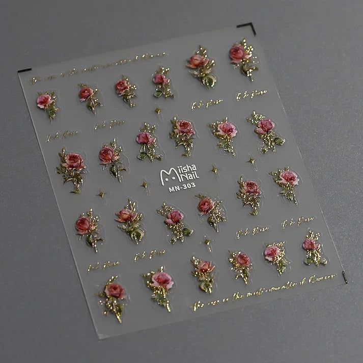 Gold Silver Pink Red Rose Flowers 3D Self Adhesive Nail Art Decorations Stickers High Quality Fashion Manicure Decals Wholesale