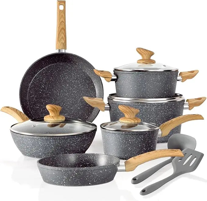 Induction Cookware Sets - 12 Piece Cooking Pan Set, Granite Nonstick Pots and Pans Set