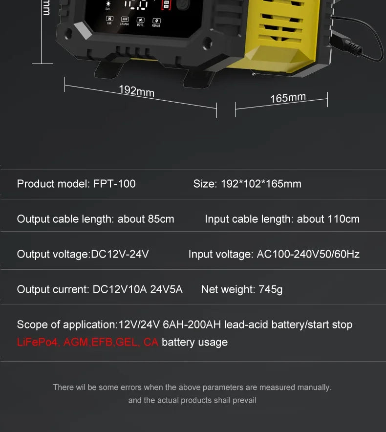 FOXSUR Car Motorcycle Battery Charger 20A 10A 12V/24V Smart Charger Lithium AGM GEL Lead-Acid LiFePO4 Battery Chargers