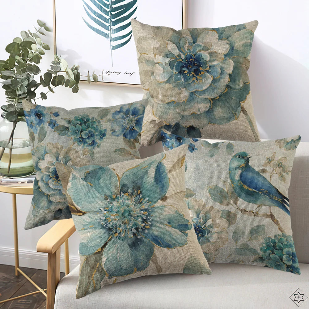 Car Sofa Cushion Pillow Pillowcase Square Pillow Pillowcase Blue Flower Printing Decoration Home Seat Pillowcase 45cm*45cm