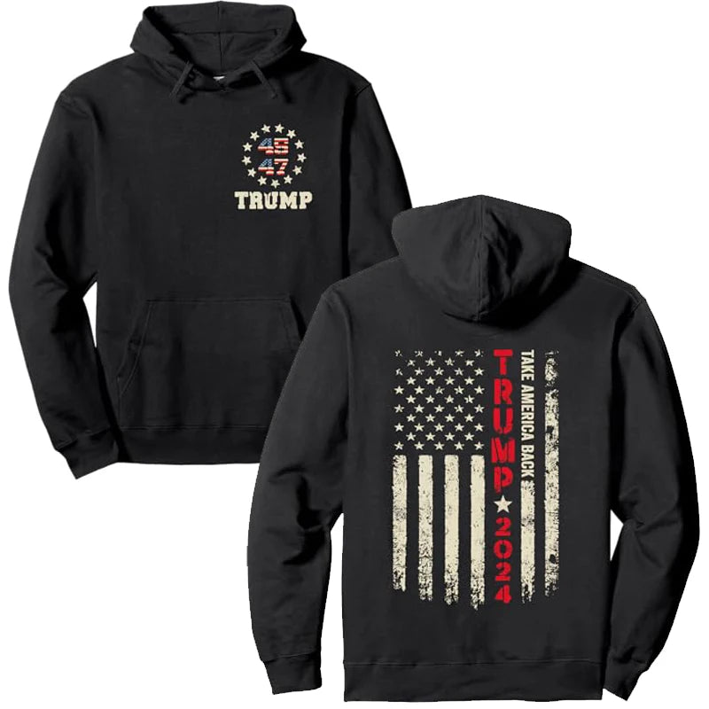 Trump 2024 US Flag Take America Back Trump Flag 45 47 Pullover Hoodie Coat Men Clothing Fashion MAGA Campaign Hooded Sweatshirt