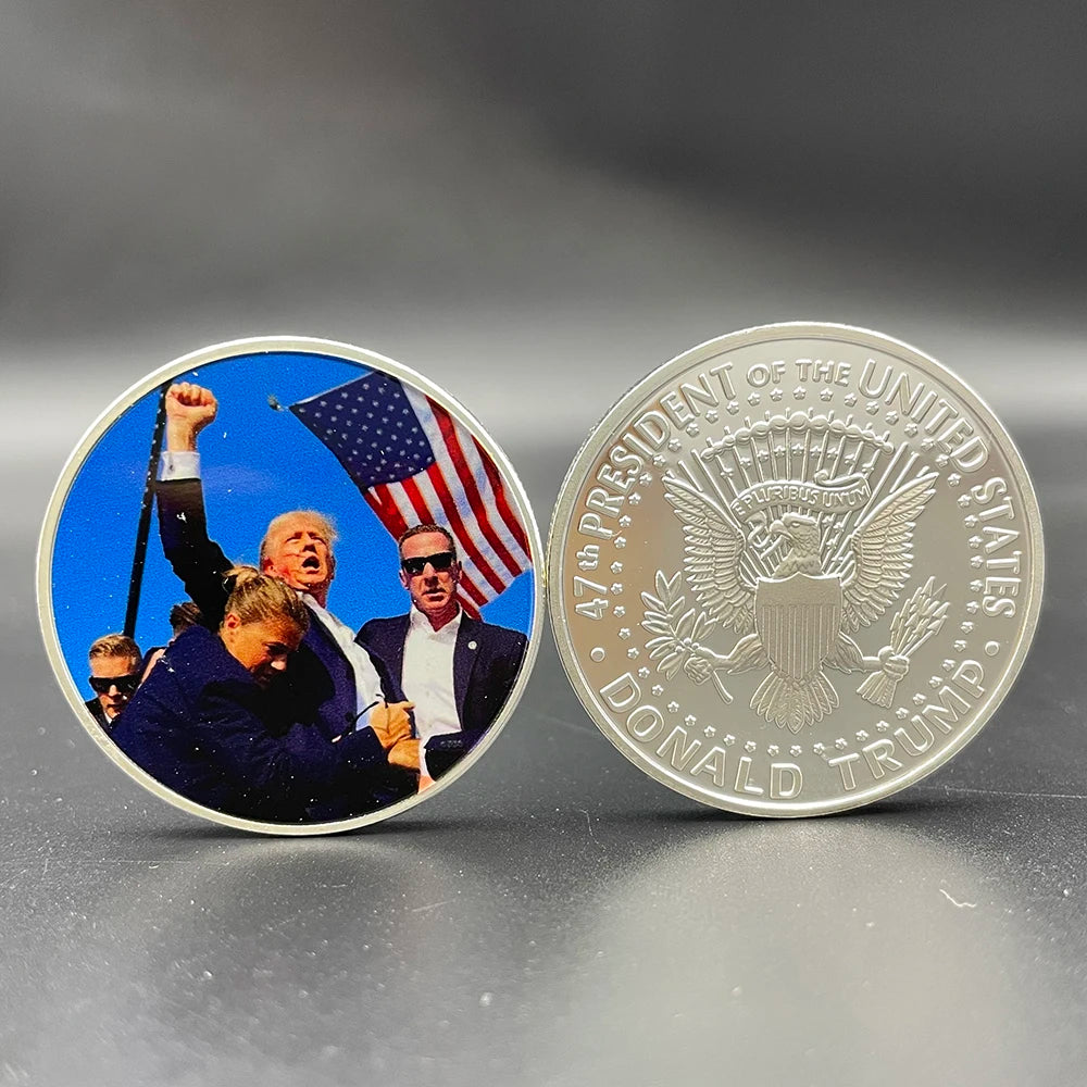 Trump Silver Coin US President Fight Attack Challenge Coin Collectibles 2024 Shooting Incident Commemorative Medal Souvenir