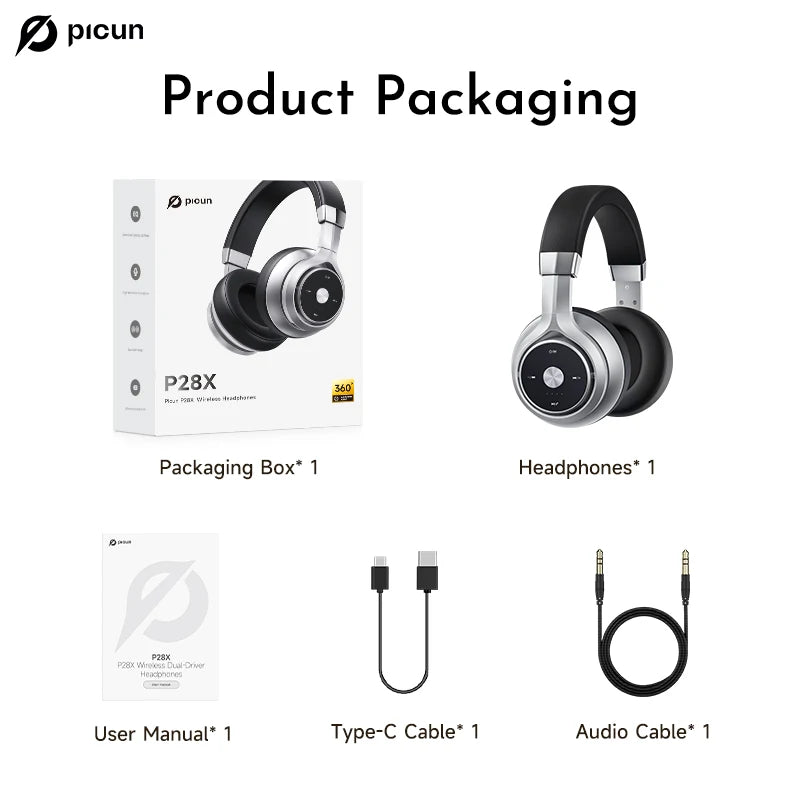 Picun P28X Wireless Headphones Bluetooth 5.3 Noise Reduction Headset Dual Drive Units Bass Over-Ear Headphones Classic Headset