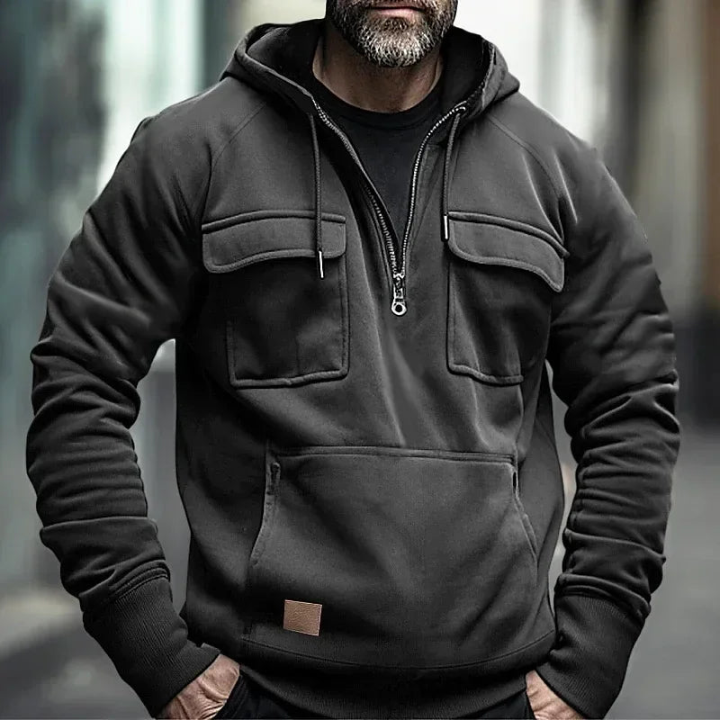 Half Zipper Men's Tactical Hoodies Solid Warm Fleece Military Sweatshirts Multi Pockets Male Hooded Jackets Thick Outdoor Polar