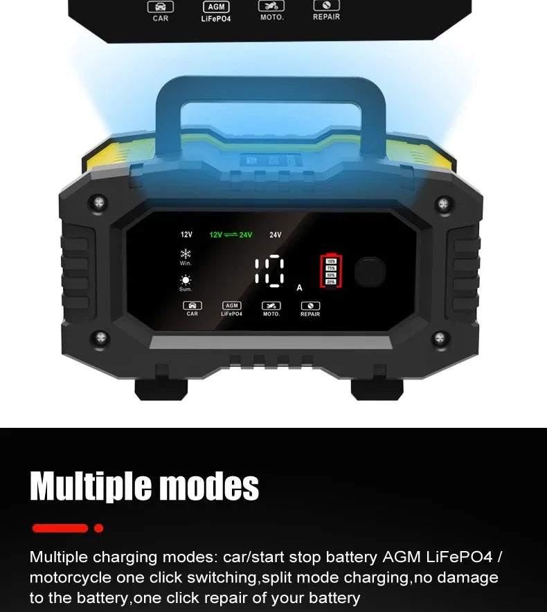 FOXSUR Car Motorcycle Battery Charger 20A 10A 12V/24V Smart Charger Lithium AGM GEL Lead-Acid LiFePO4 Battery Chargers