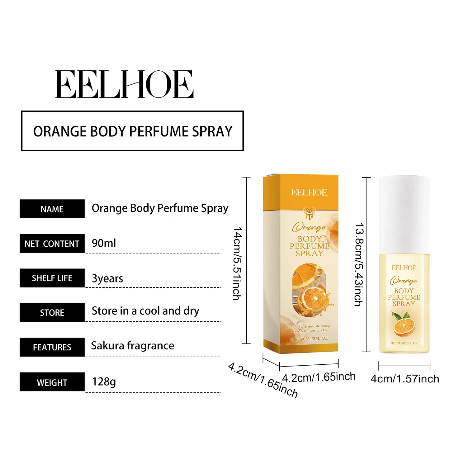 EELHOE Orange Body Perfume Spray Elegant Fresh Fragrance Keep Fragrance Portable Fruit Women's Spray 90ml 3 OZ