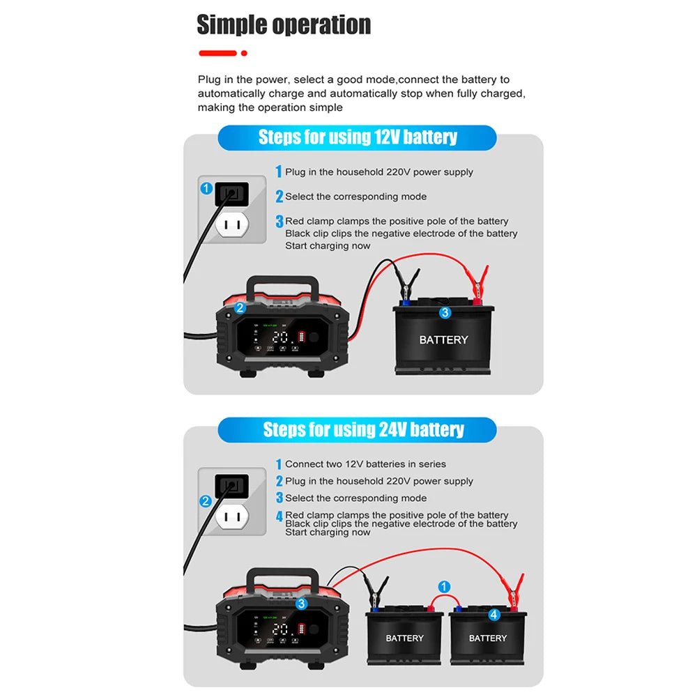 10A 20A Car Motorcycle Charger 12V/24V Auto Smart Charger Lithium AGM GEL Lead-Acid LiFePO4 Battery Charger for Car High Power