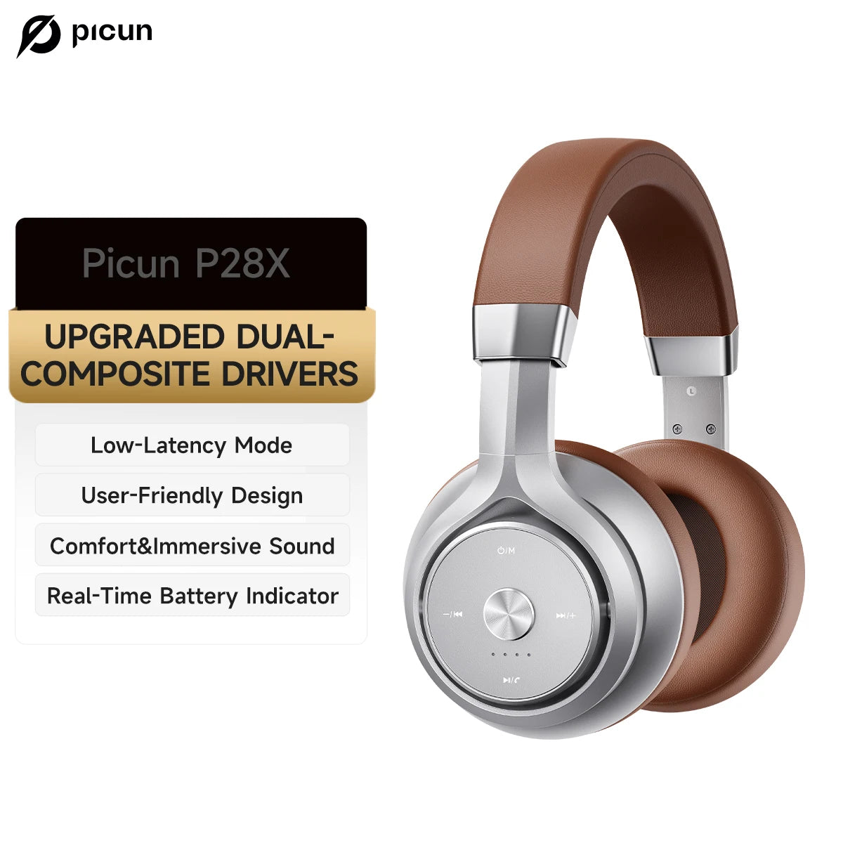 Picun P28X Wireless Headphones Bluetooth 5.3 Noise Reduction Headset Dual Drive Units Bass Over-Ear Headphones Classic Headset