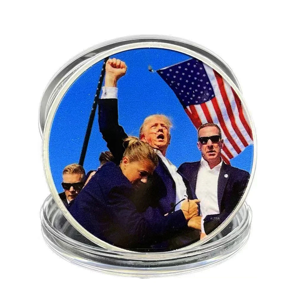 Trump Silver Coin US President Fight Attack Challenge Coin Collectibles 2024 Shooting Incident Commemorative Medal Souvenir