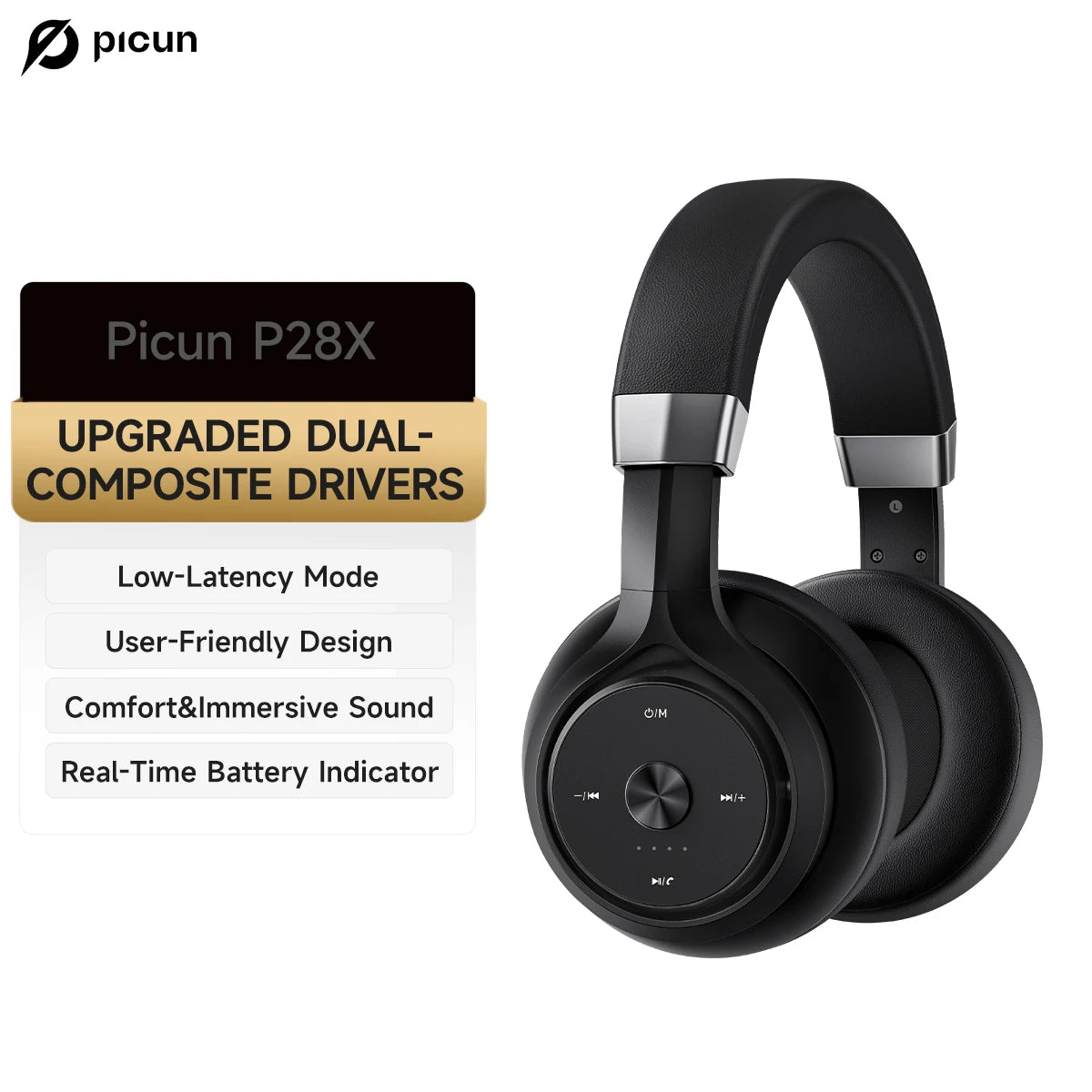 Picun P28X Wireless Headphones Bluetooth 5.3 Noise Reduction Headset Dual Drive Units Bass Over-Ear Headphones Classic Headset