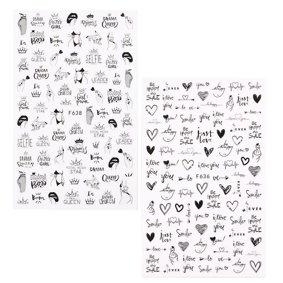 2pcs Heart Love Design 3D Nail Art Stickers English Letter Cool Girl Face Sliders Valentine Day Manicure