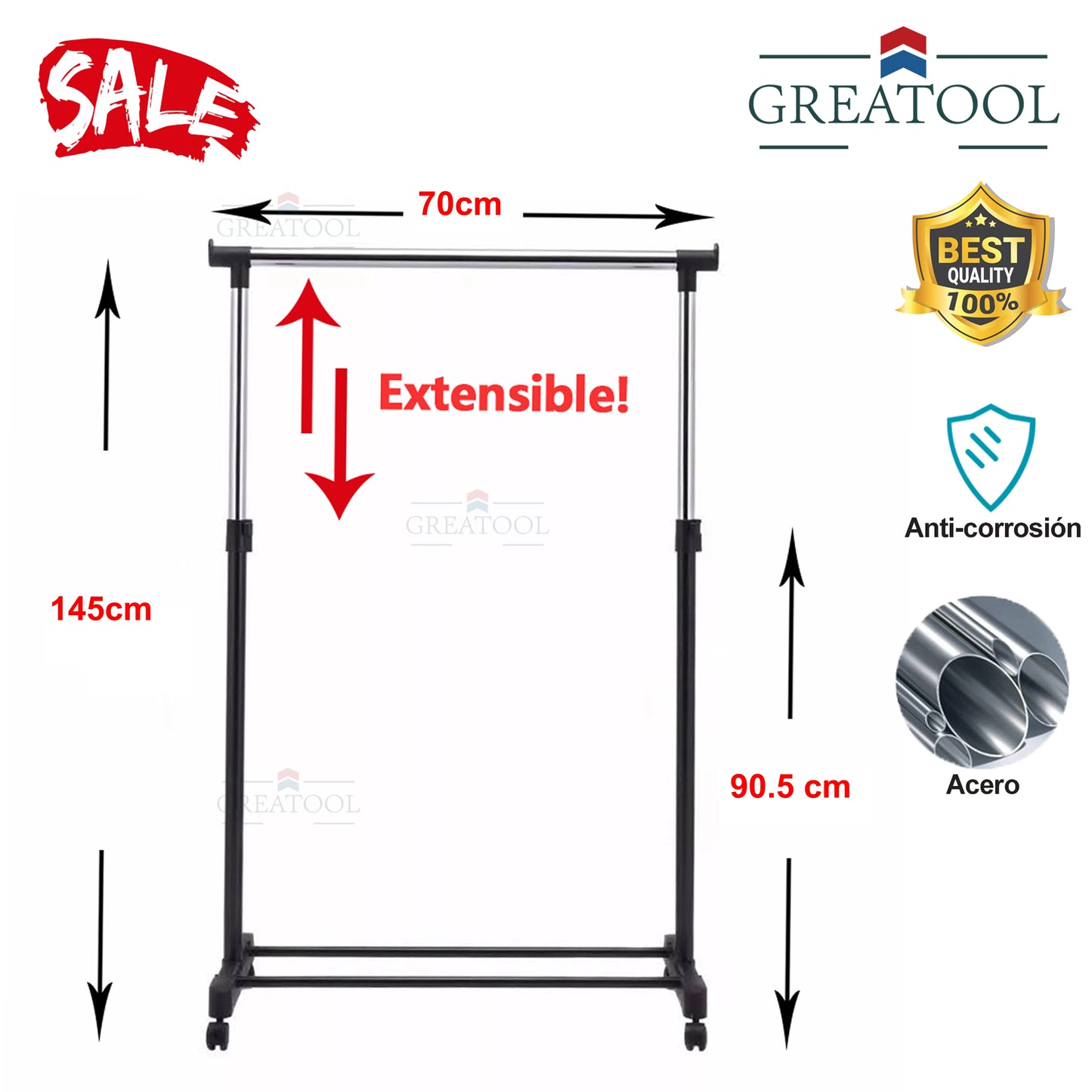 Stand Rack Rack with Wheels and Shelves, Scalable, Cupboards, Large Capacity and Non-Space-Spot Children's Clothing Measured 70x42x145 cm